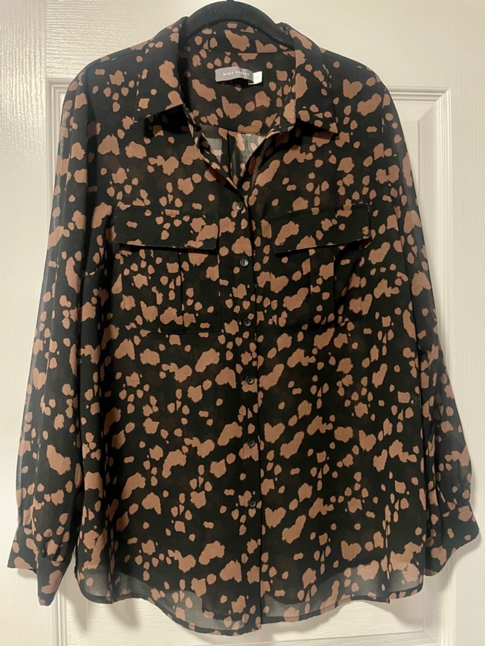 Mint Velvet Black & Brown Spot-Print Button-Down Blouse, Size Medium